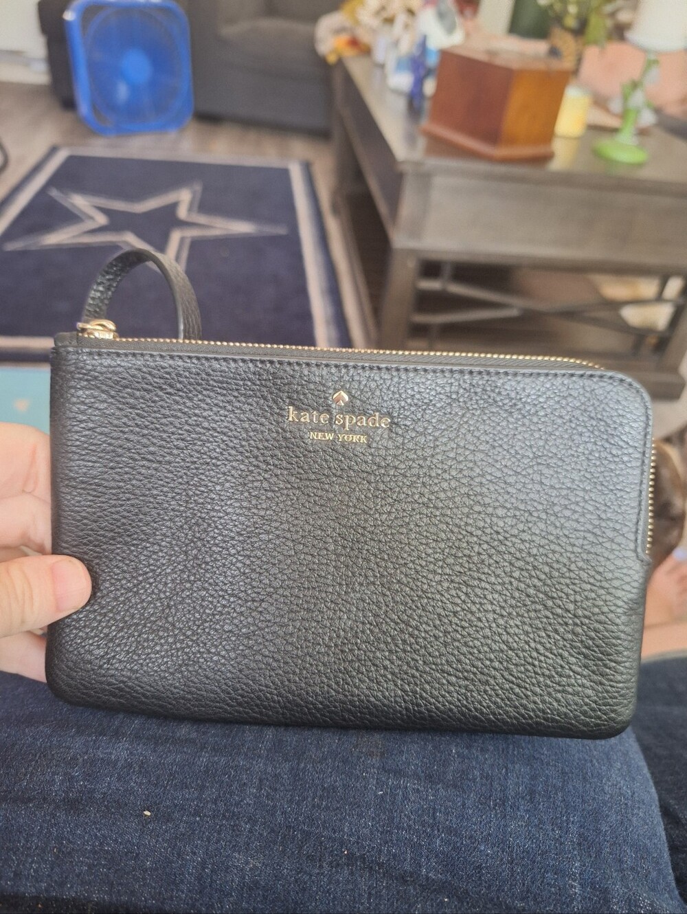 kate spade Black Pebbled Leather Zip Wristlet with Gold Logo